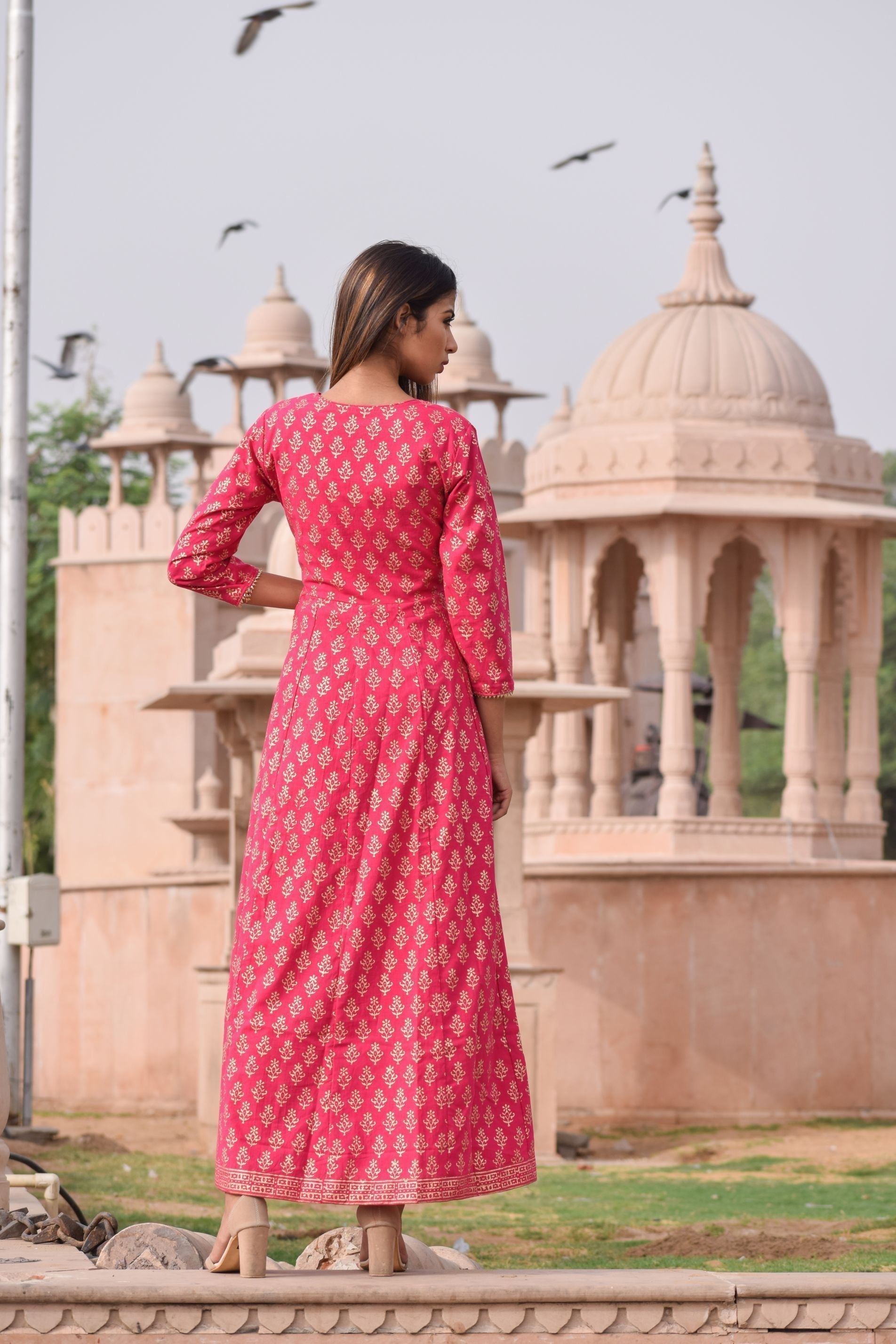 Women's Pink  Hand Block Printed Cotton Maxi Dress - Saras The Label