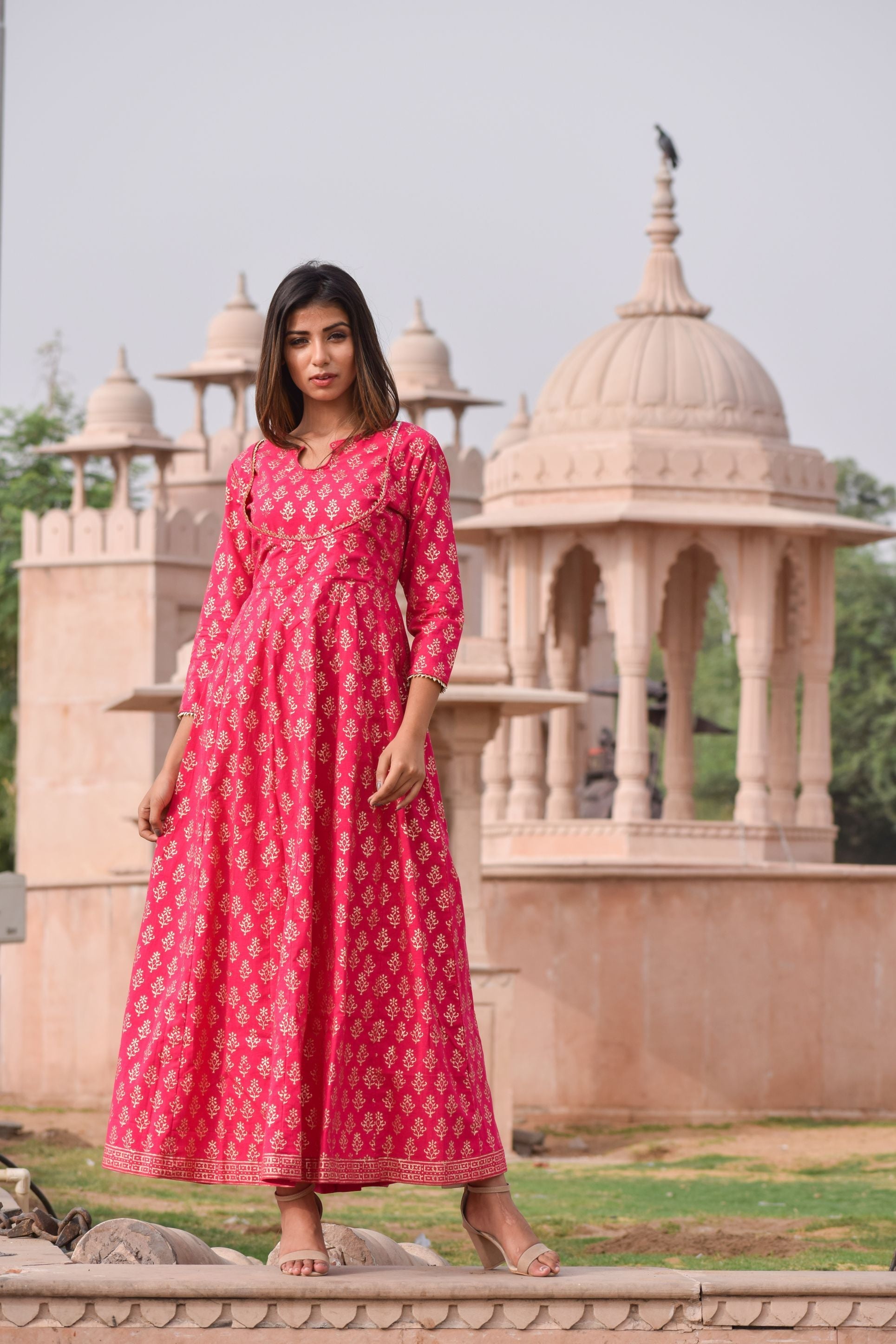 Women's Pink  Hand Block Printed Cotton Maxi Dress - Saras The Label