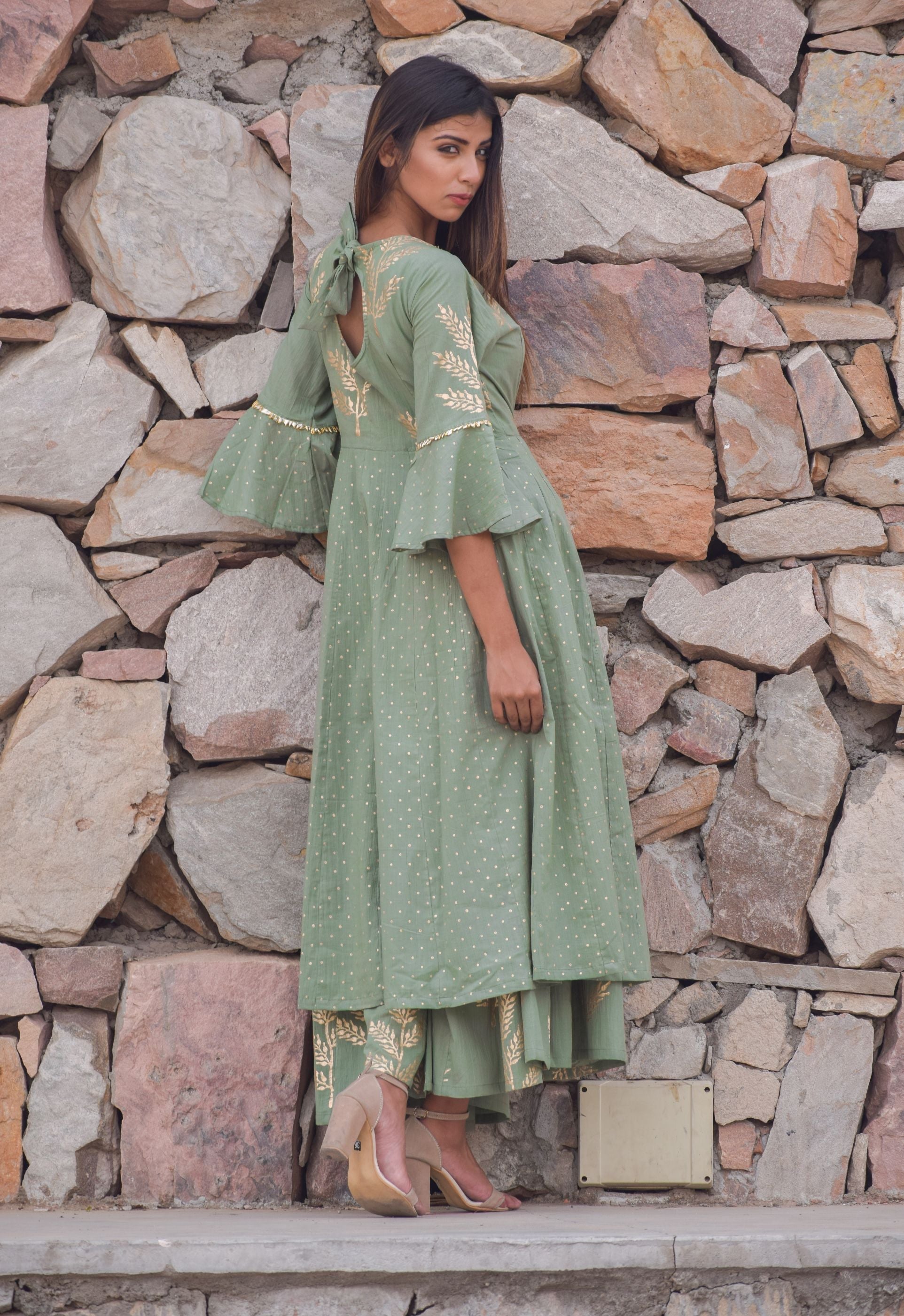 Women's Green Anarkali Kurta With Palazzo (2Pc Set) - Saras The Label