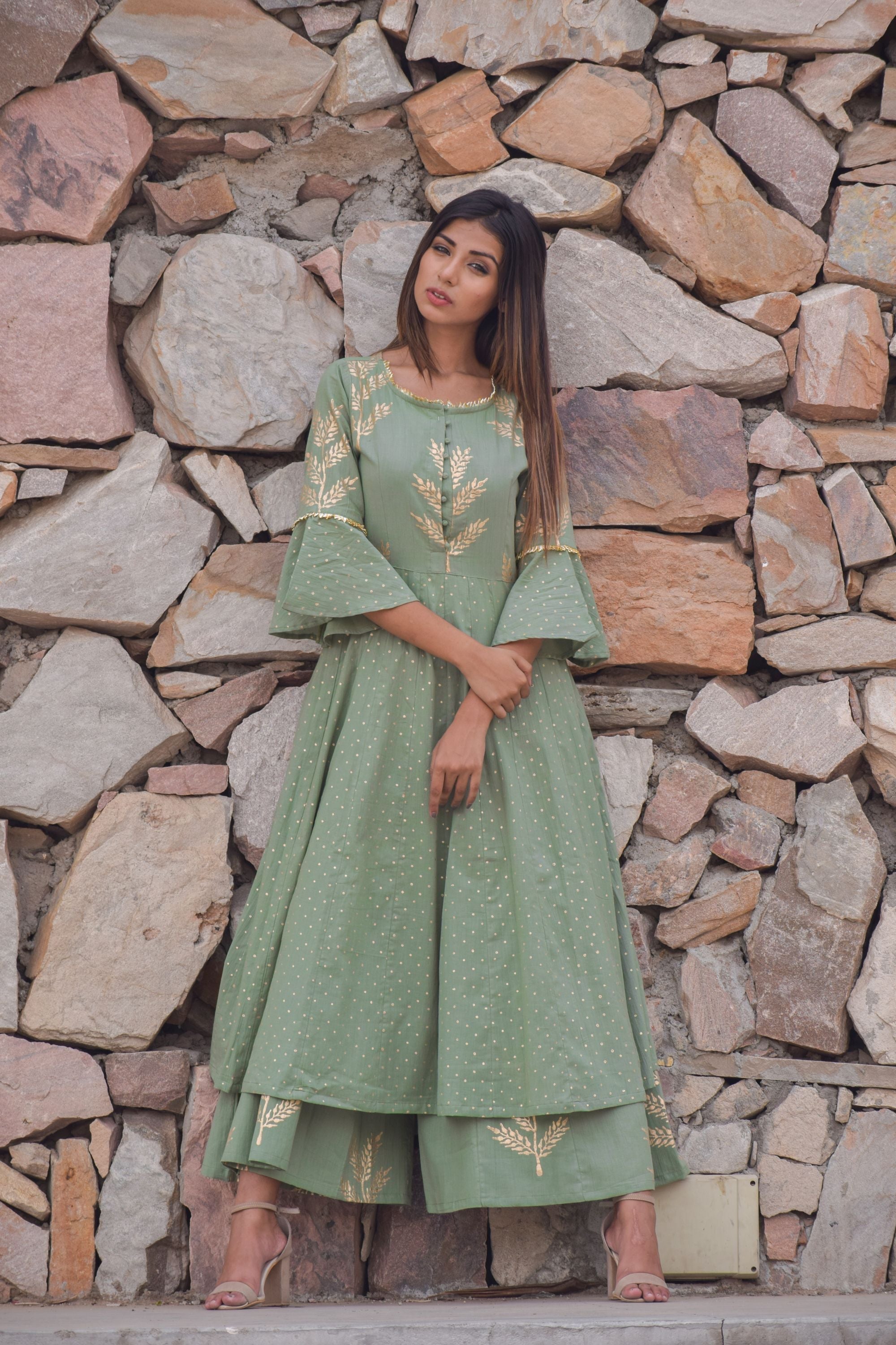 Women's Green Anarkali Kurta With Palazzo (2Pc Set)