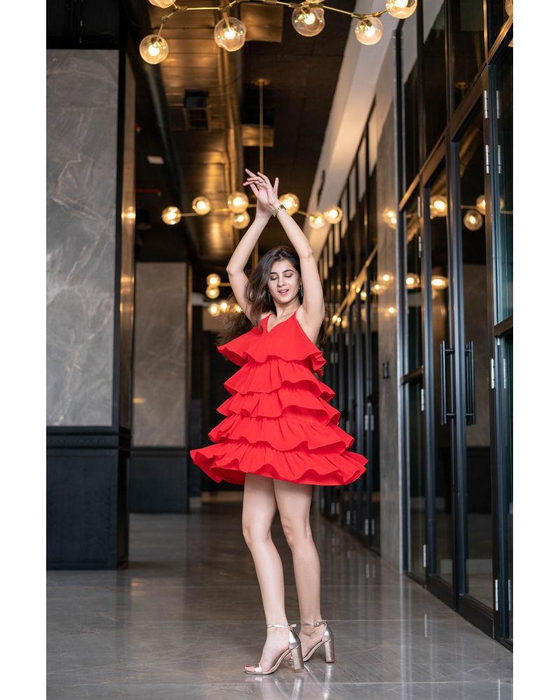 Women's Red Ruffle Short Dress by Label Shaurya Sanadhya