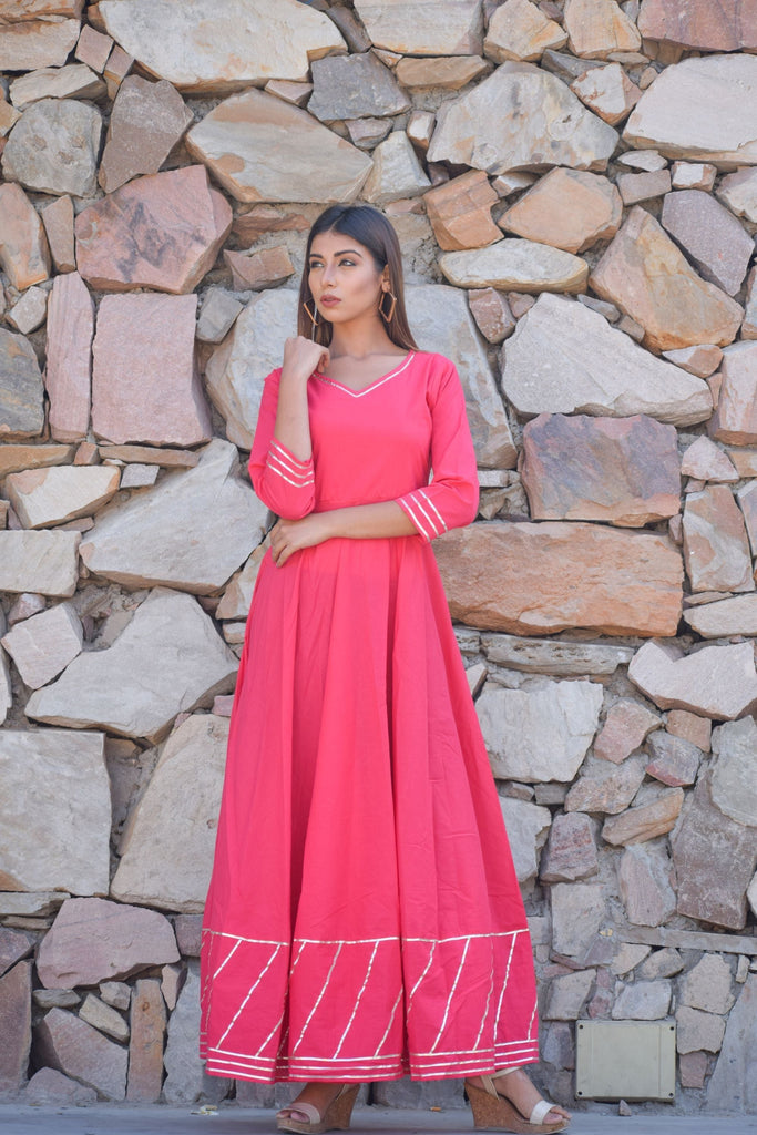Women's Pink Cotton Anarkali Gown With Dupatta (2Pcs Set)