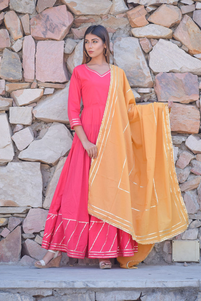 Women's Pink Cotton Anarkali Gown With Dupatta (2Pcs Set)