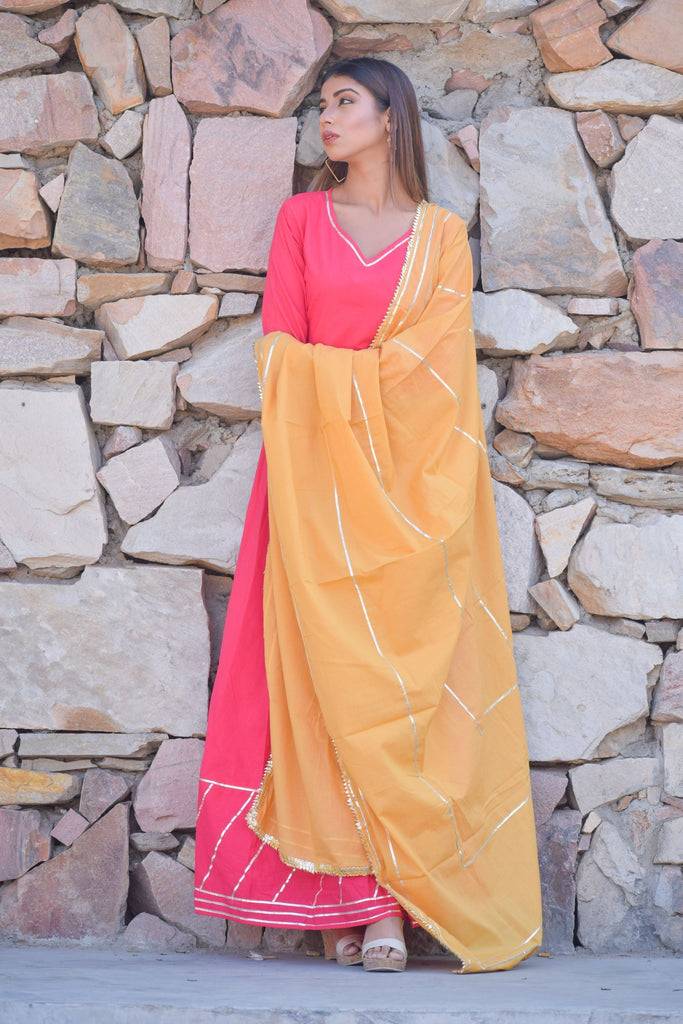 Women's Pink Cotton Anarkali Gown With Dupatta (2Pcs Set)