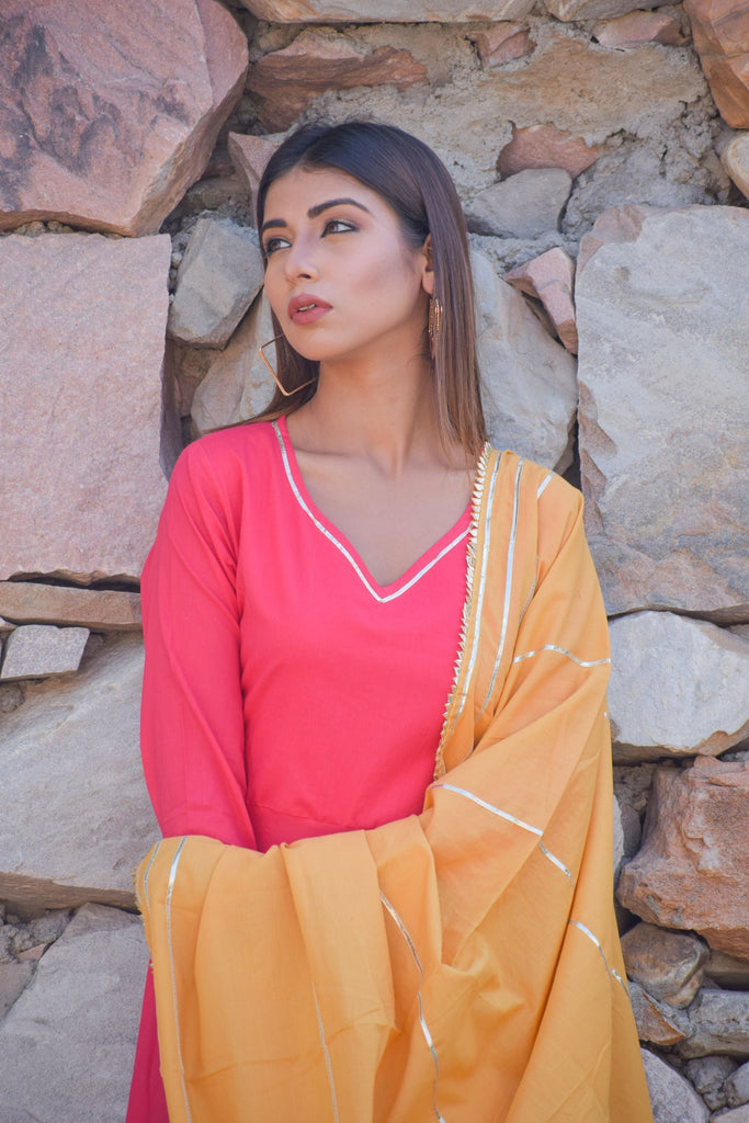 Women's Pink Cotton Anarkali Gown With Dupatta (2Pcs Set)