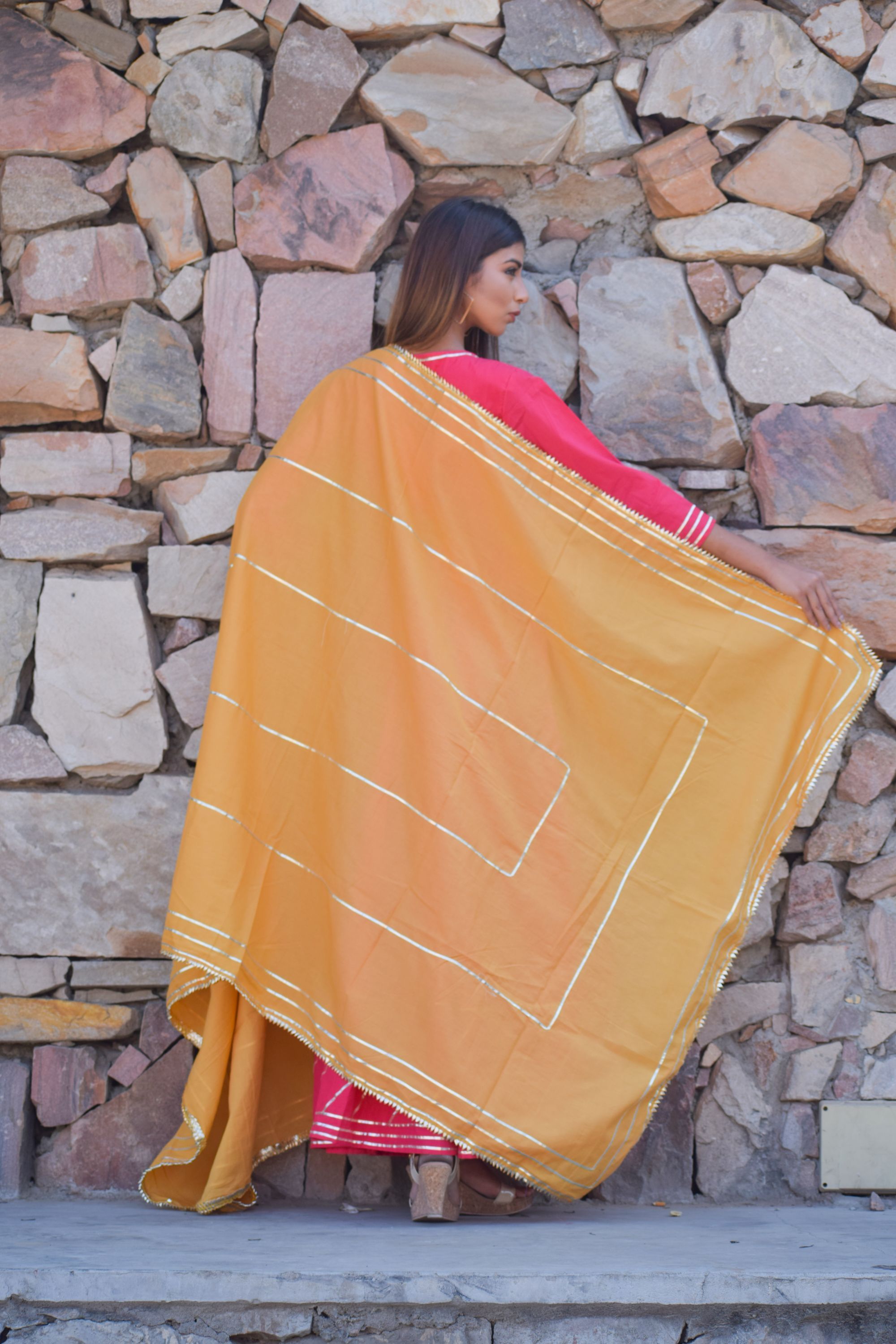 Women's Pink Cotton Anarkali Gown With Dupatta (2Pcs Set) - Saras The Label