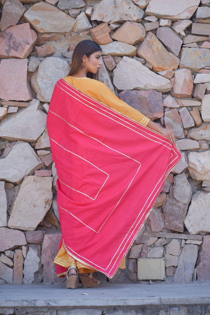 Women's Yellow Cotton Anarkali Gown With Dupatta (2Pcs Set)