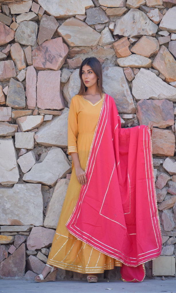 Women's Yellow Cotton Anarkali Gown With Dupatta (2Pcs Set)