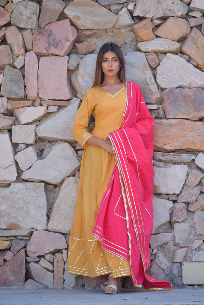 Women's Yellow Cotton Anarkali Gown With Dupatta (2Pcs Set)