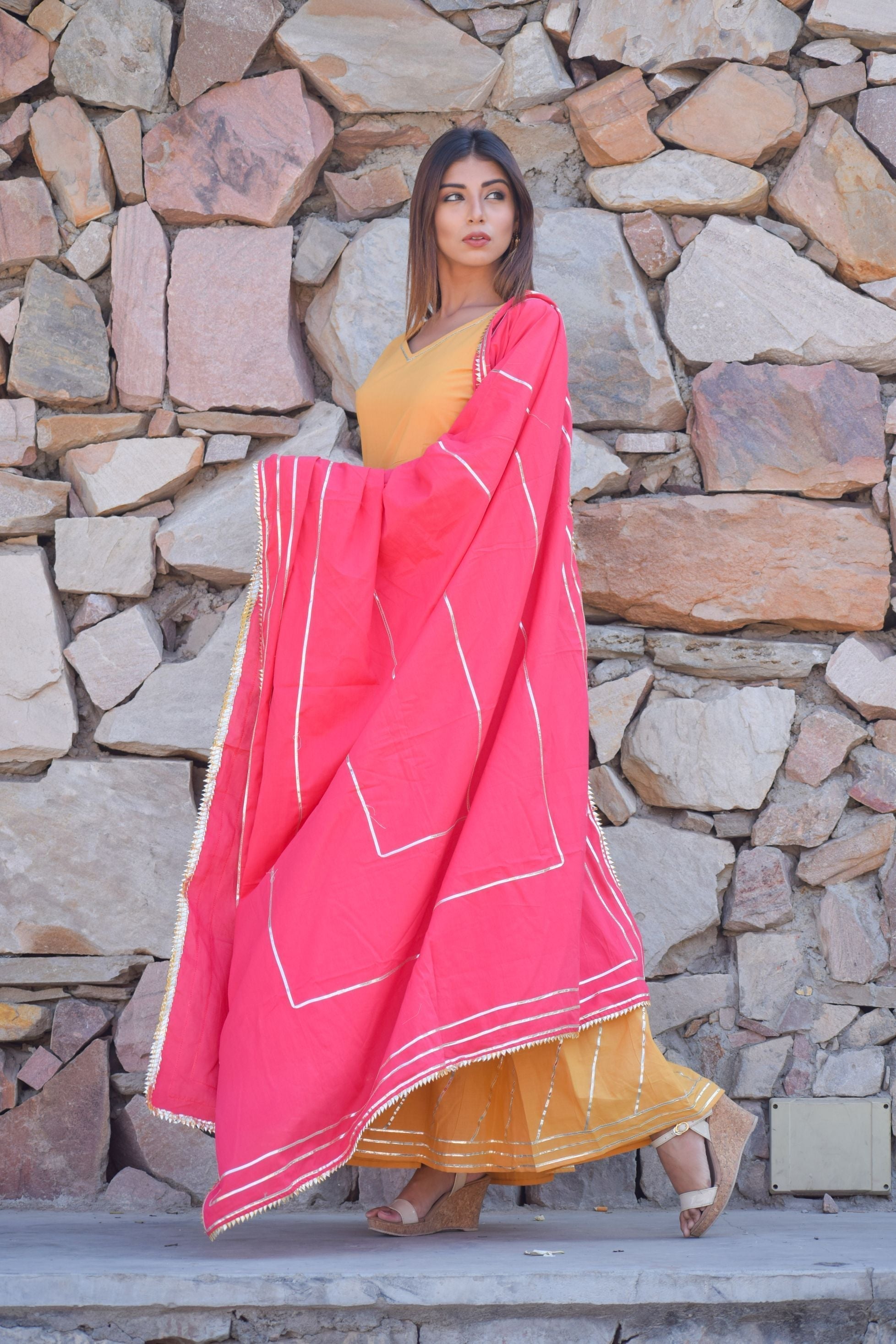 Women's Yellow Cotton Anarkali Gown With Dupatta (2Pcs Set) - Saras The Label