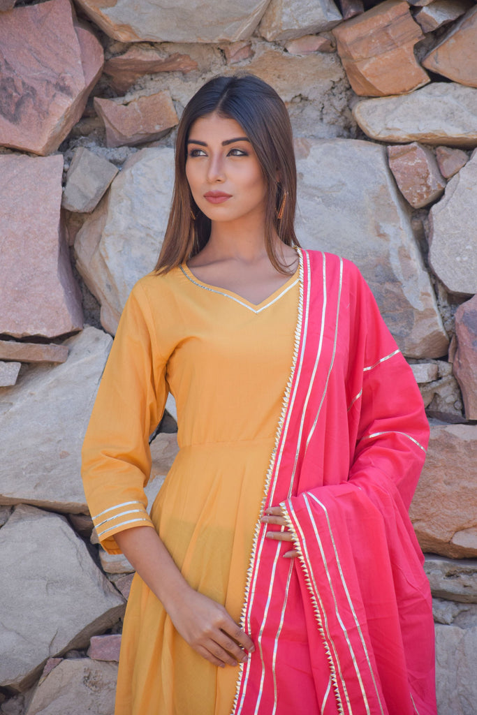 Women's Yellow Cotton Anarkali Gown With Dupatta (2Pcs Set)