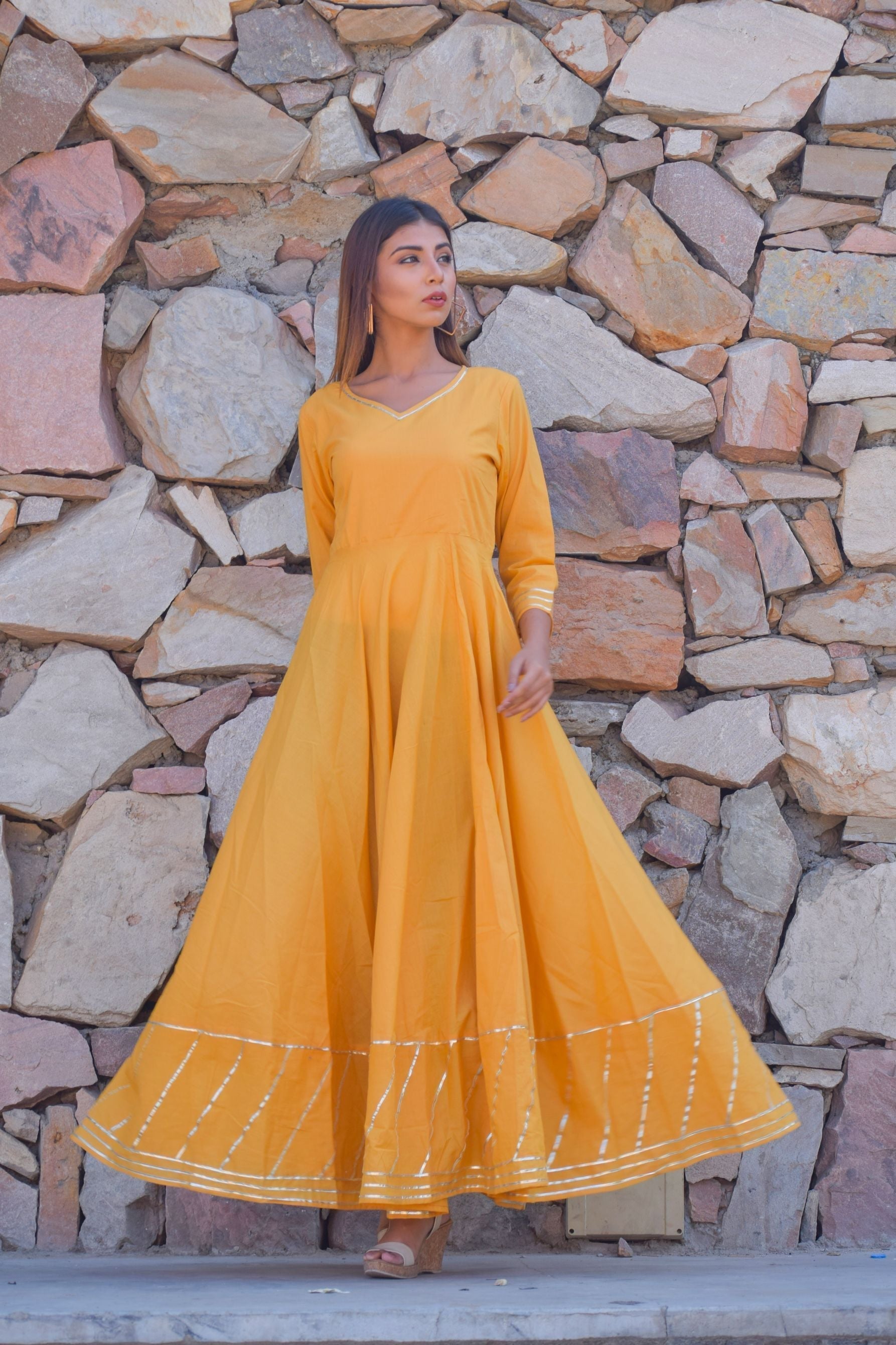 Women's Yellow Cotton Anarkali Gown With Dupatta (2Pcs Set) - Saras The Label