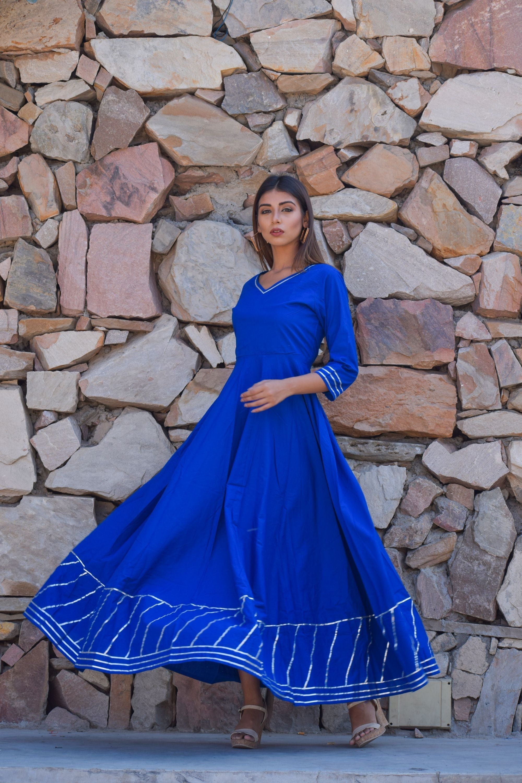 Women's Cotton Blue Anarkali Gown With Dupatta. - Saras The Label