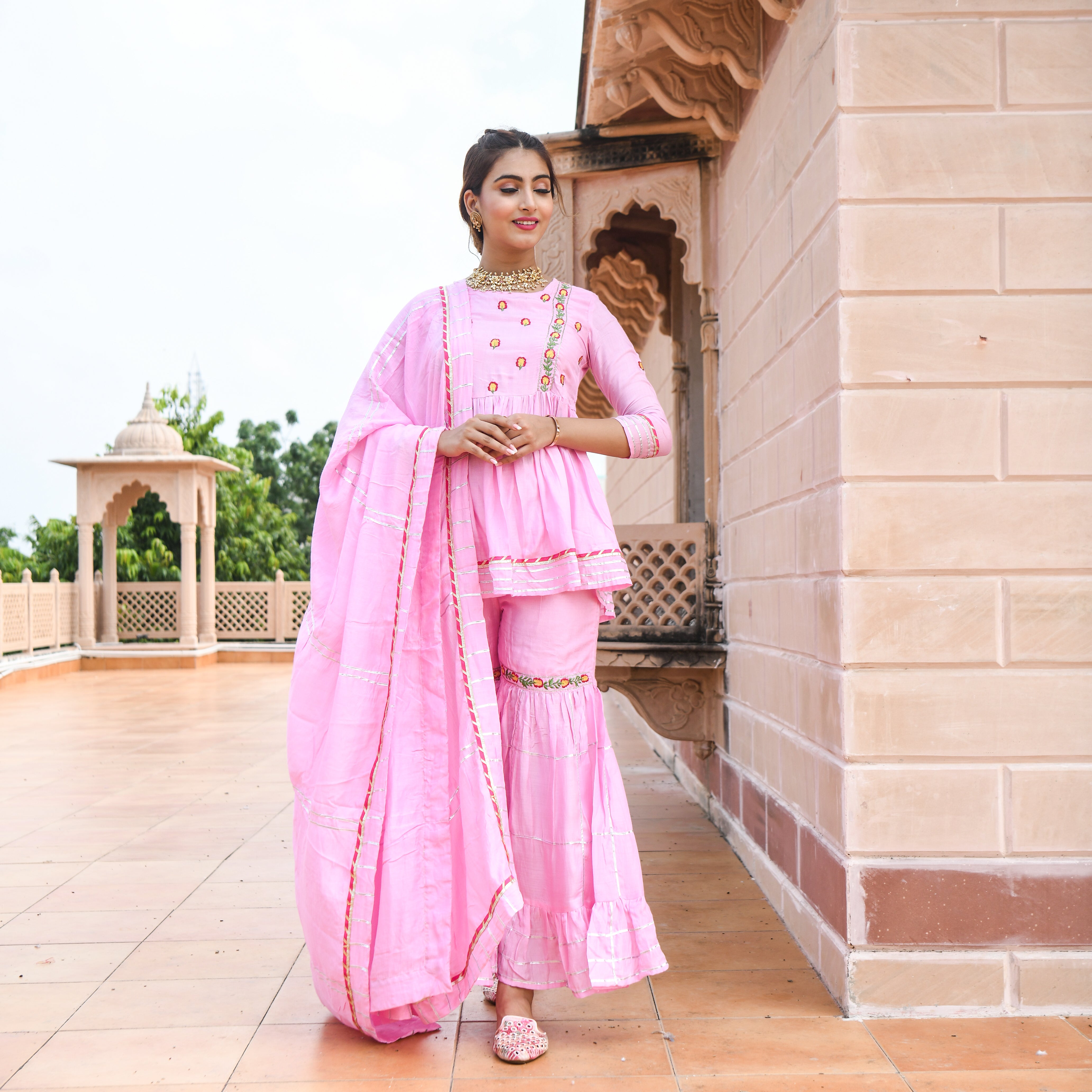 Women's Pink Colour Sharara Set  - Roohaniyat