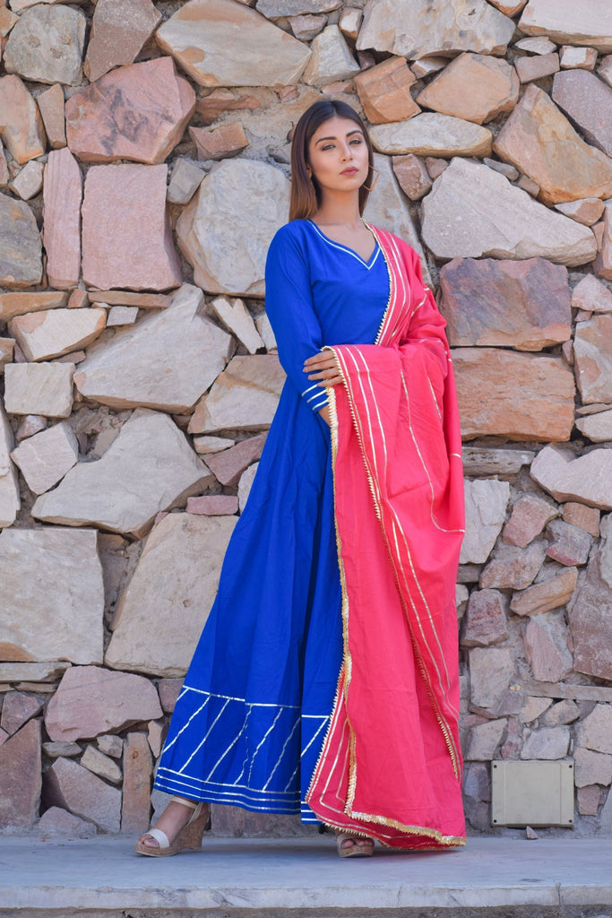 Women's Cotton Blue Anarkali Gown With Dupatta.