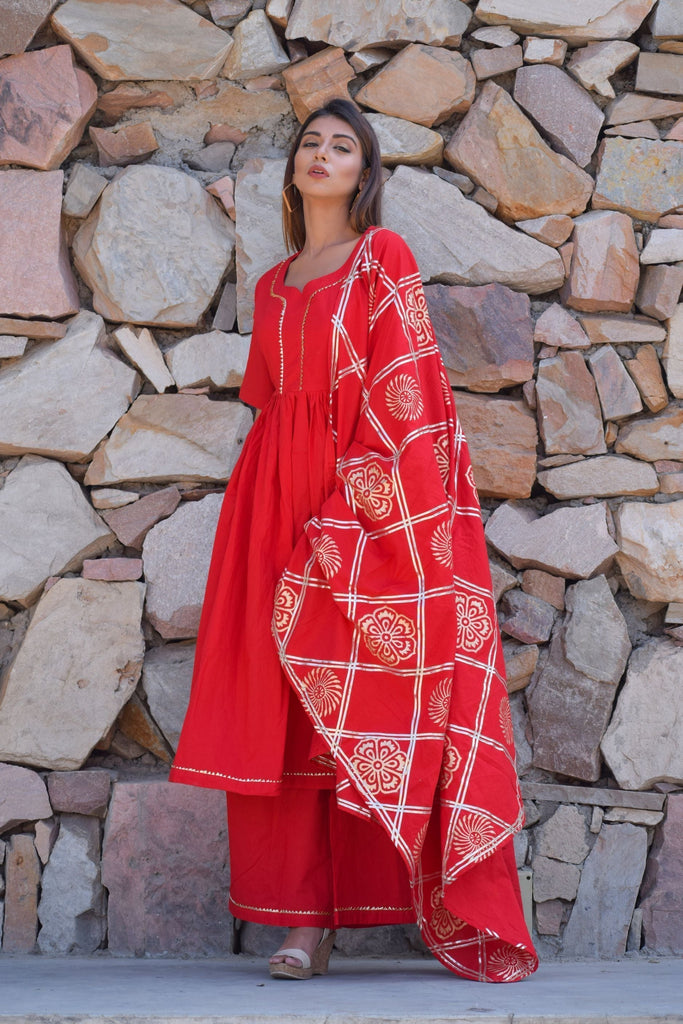 Women's Red Anarkali Kurta Set With Palazzo And Dupatta (3Pc Set)