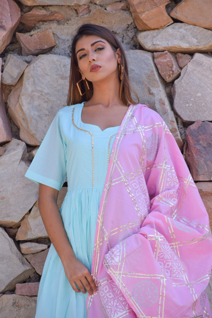 Women's Blue-Pink  Kurta Set With Hand Block Printed Dupatta Set