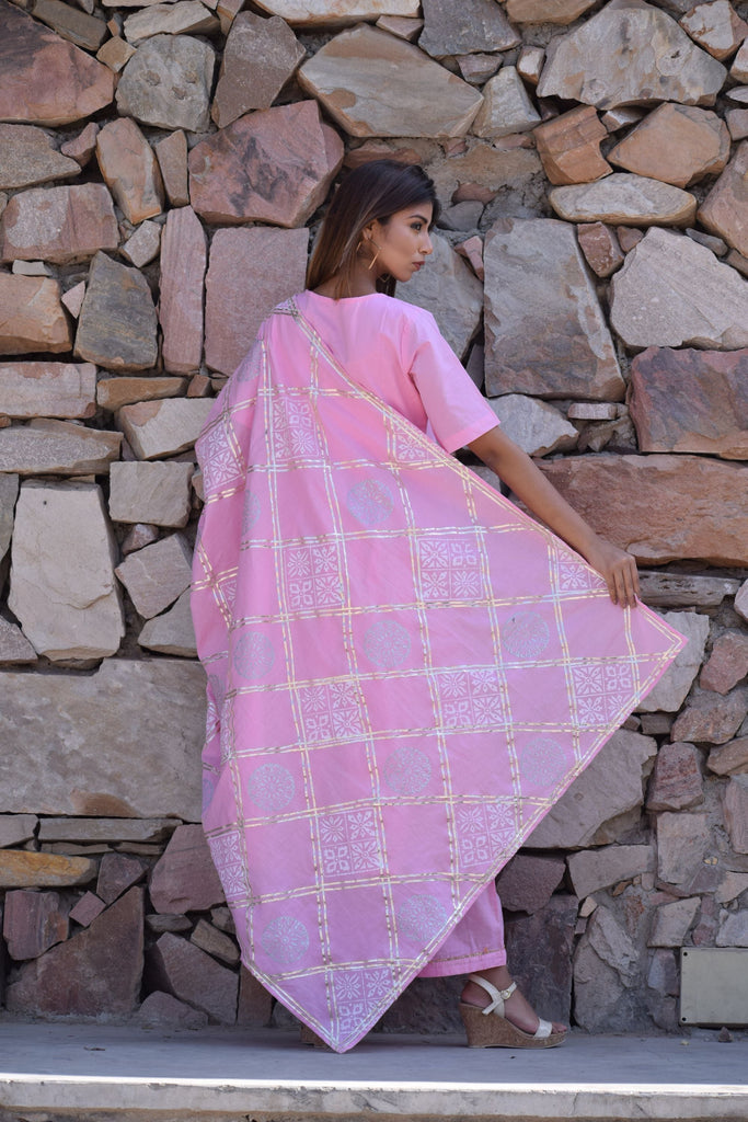 Women's Pink  Kurta Set With Hand Block Printed Dupatta Set