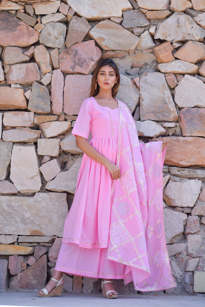 Women's Blue-Pink  Kurta Set With Hand Block Printed Dupatta Set