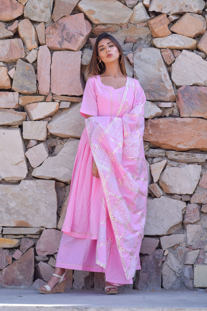 Women's Blue-Pink  Kurta Set With Hand Block Printed Dupatta Set