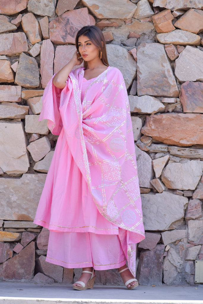 Women's Blue-Pink  Kurta Set With Hand Block Printed Dupatta Set