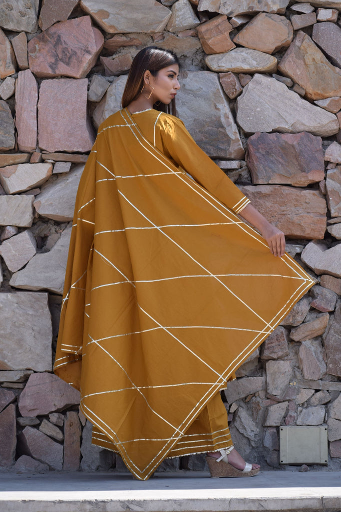 Women's Mustard  Gota Work Kurta Palazzo And Dupatta Set