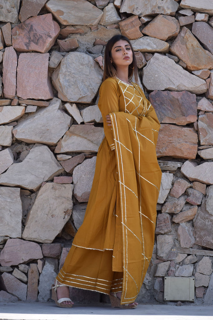 Women's Mustard  Gota Work Kurta Palazzo And Dupatta Set