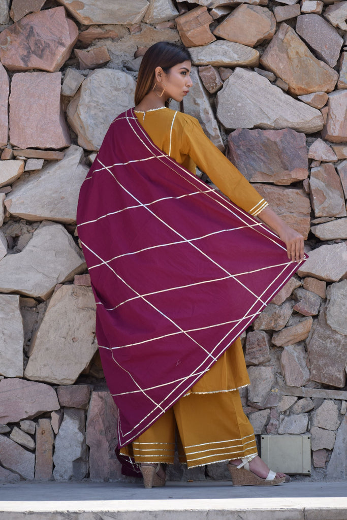 Women's Mustard-Wine  Gota Kurta And Palazzo With Gota Dupatta
