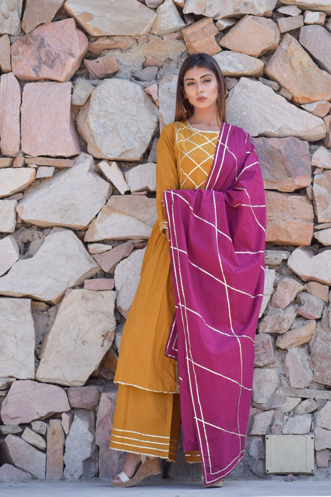 Women's Mustard-Wine  Gota Kurta And Palazzo With Gota Dupatta
