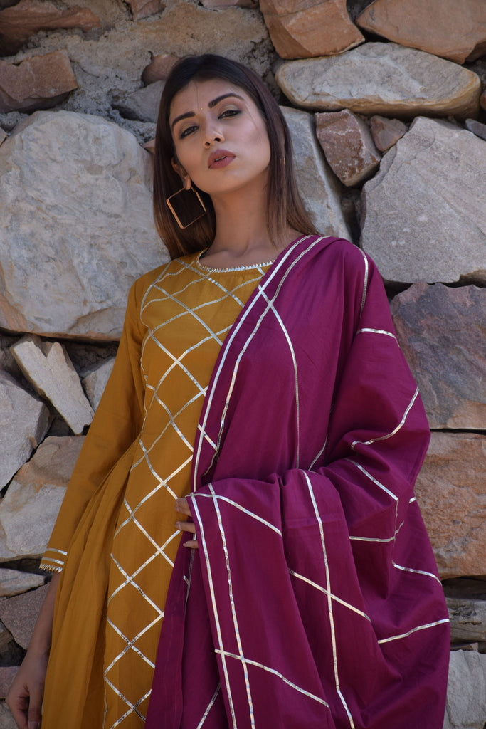 Women's Mustard-Wine  Gota Kurta And Palazzo With Gota Dupatta