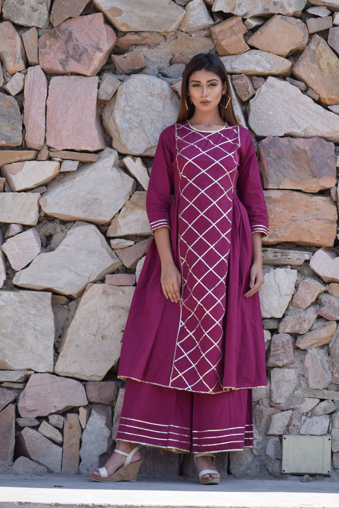 Women's Wine Gota Work Kurta Palazzo And Dupatta Set