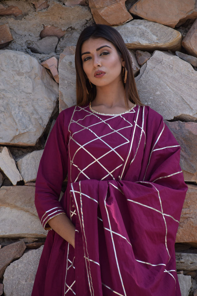 Women's Wine Gota Work Kurta Palazzo And Dupatta Set