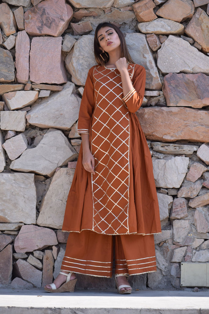 Women's Rust-Mustard  Gota Kurta And Palazzo With Gota Dupatta