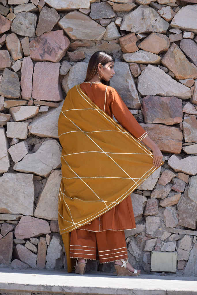 Women's Rust-Mustard  Gota Kurta And Palazzo With Gota Dupatta