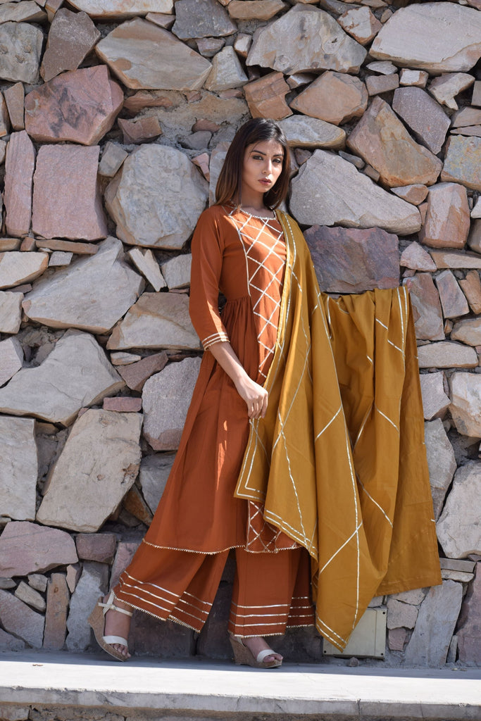 Women's Rust-Mustard  Gota Kurta And Palazzo With Gota Dupatta