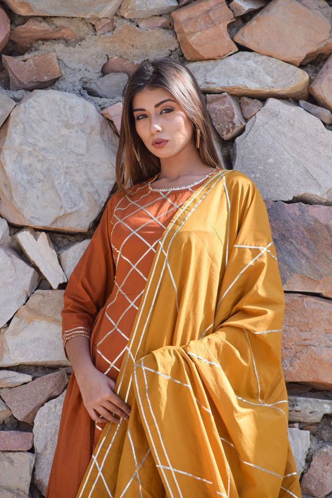 Women's Sea Green-Mustard  Gota Kurta And Palazzo With Gota Dupatta