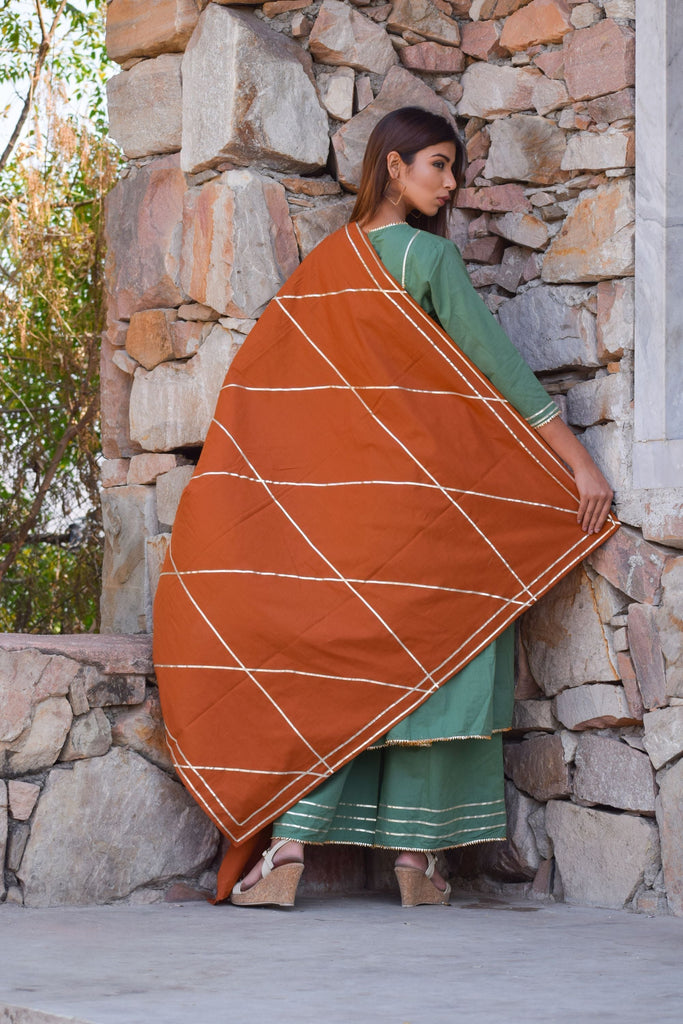 Women's Sea Green-Mustard  Gota Kurta And Palazzo With Gota Dupatta