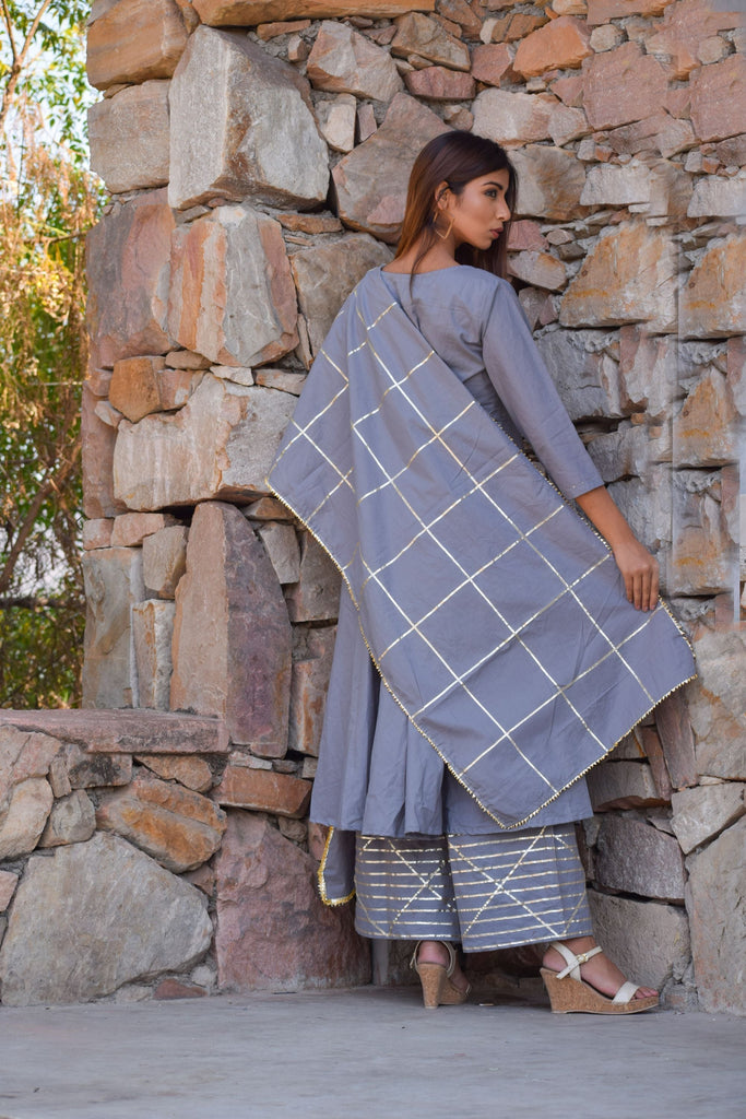 Women's Grey   Gota Anarkali Kurta Palazzo And Dupatta Set