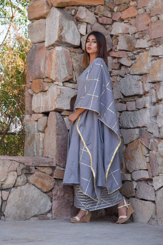 Women's Grey   Gota Anarkali Kurta Palazzo And Dupatta Set