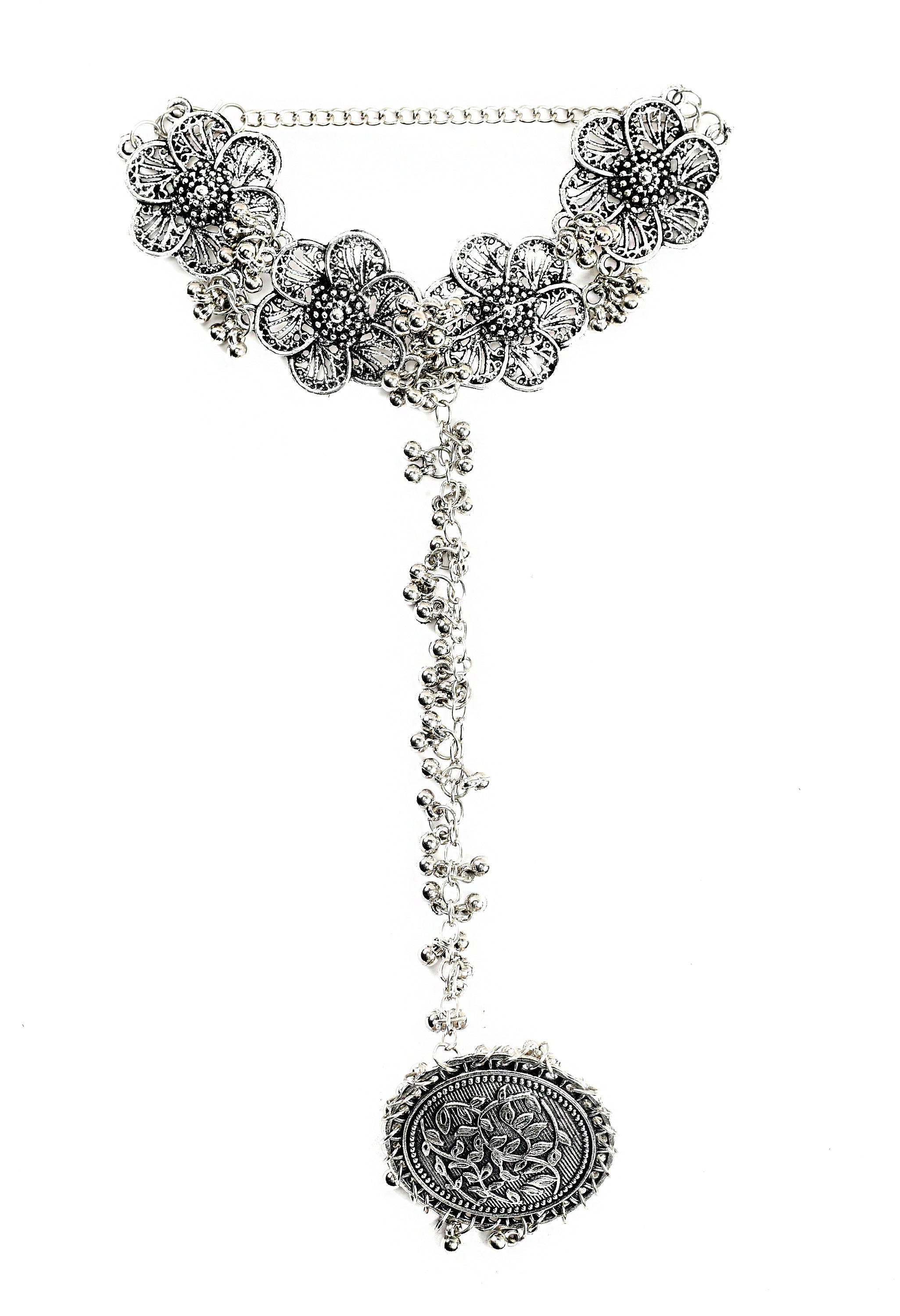 Women's Oxidised Bracelet Connected With Ring Flower Design - Tehzeeb