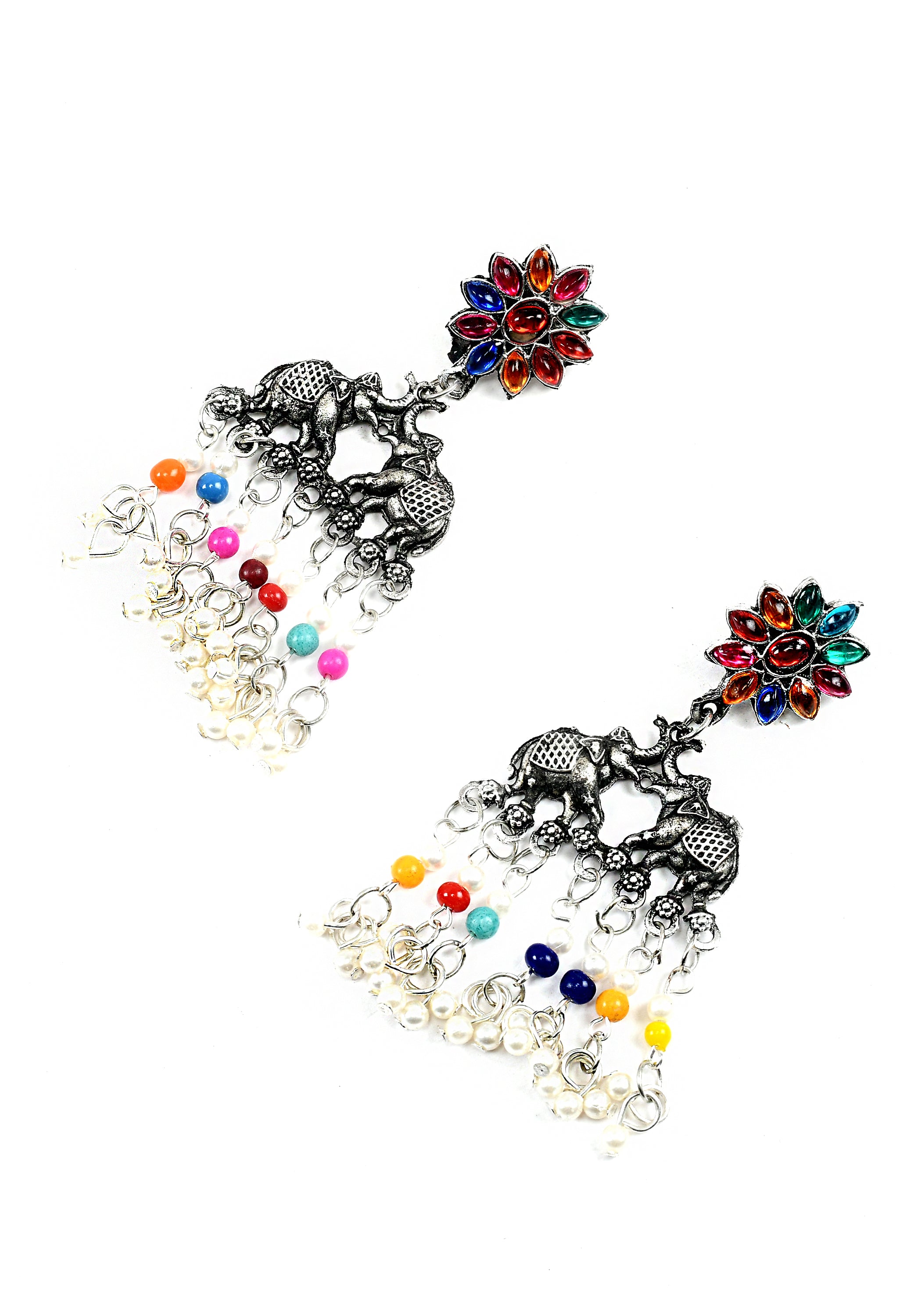 Women's Multi Colour Oxidised Necklaceand Earrings With Elephant Design - Tehzeeb