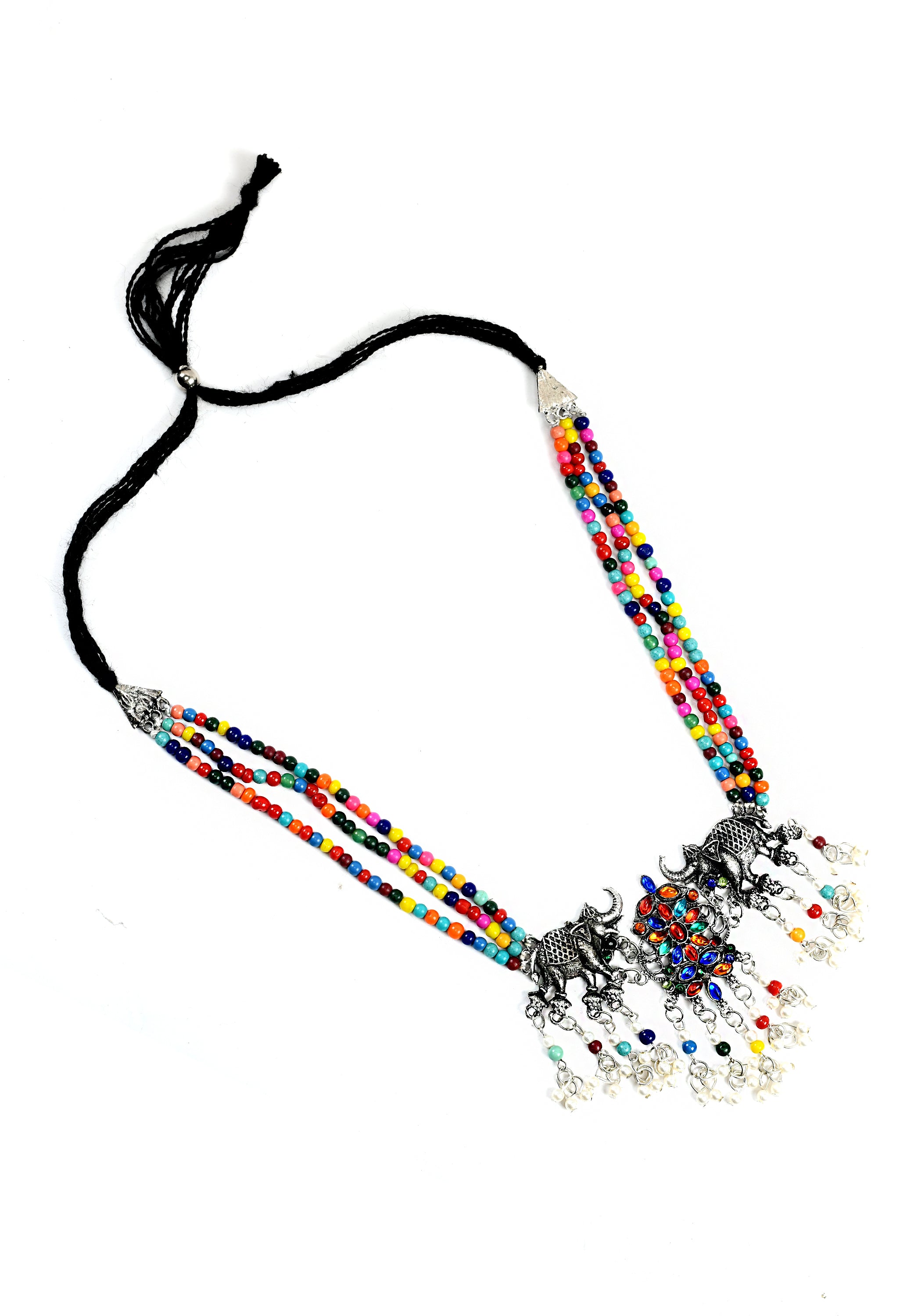 Women's Multi Colour Oxidised Necklaceand Earrings With Elephant Design - Tehzeeb