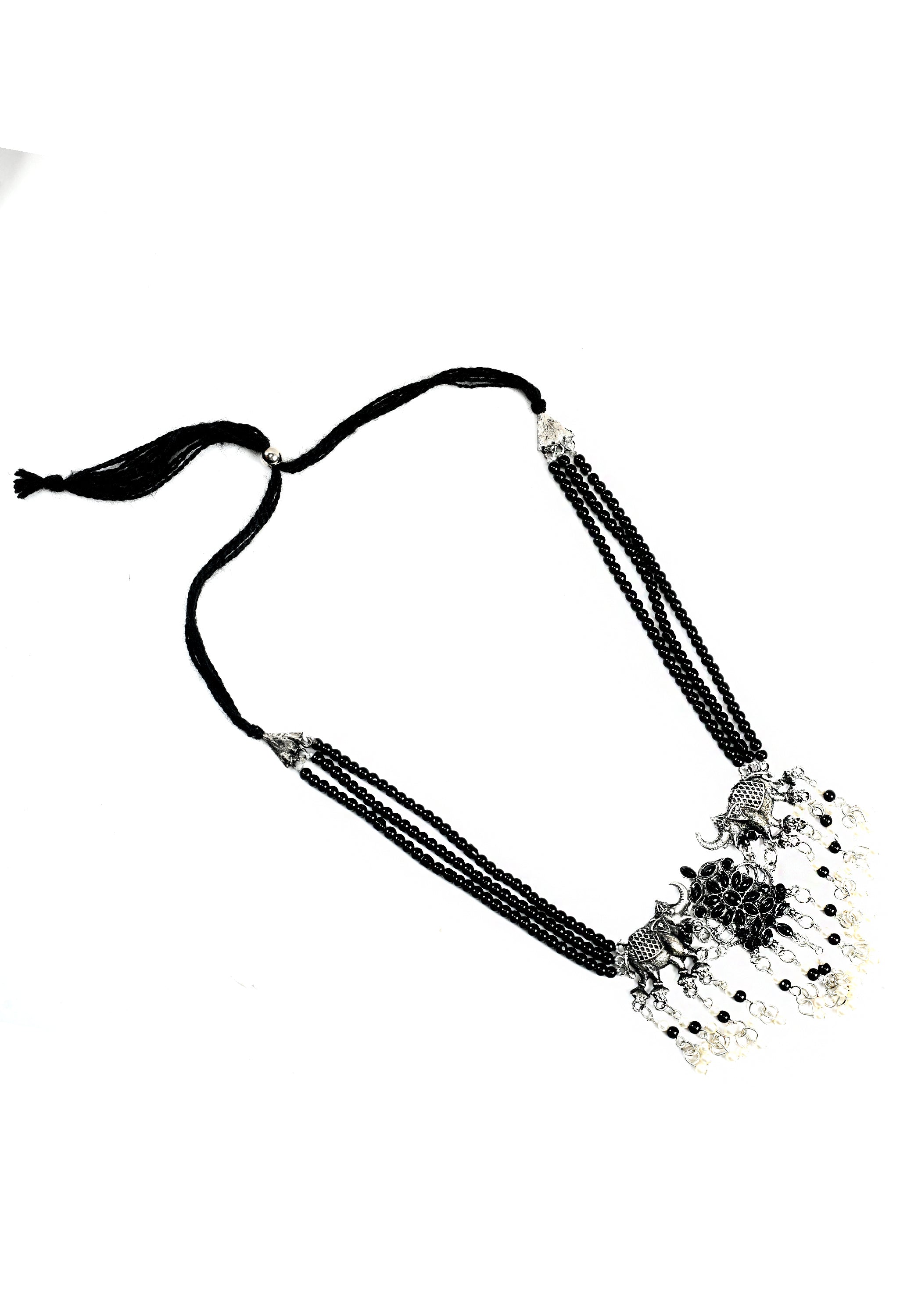 Women's Black Colour Oxidised Necklacewith Pearl And Kundan With Elephant Design - Tehzeeb