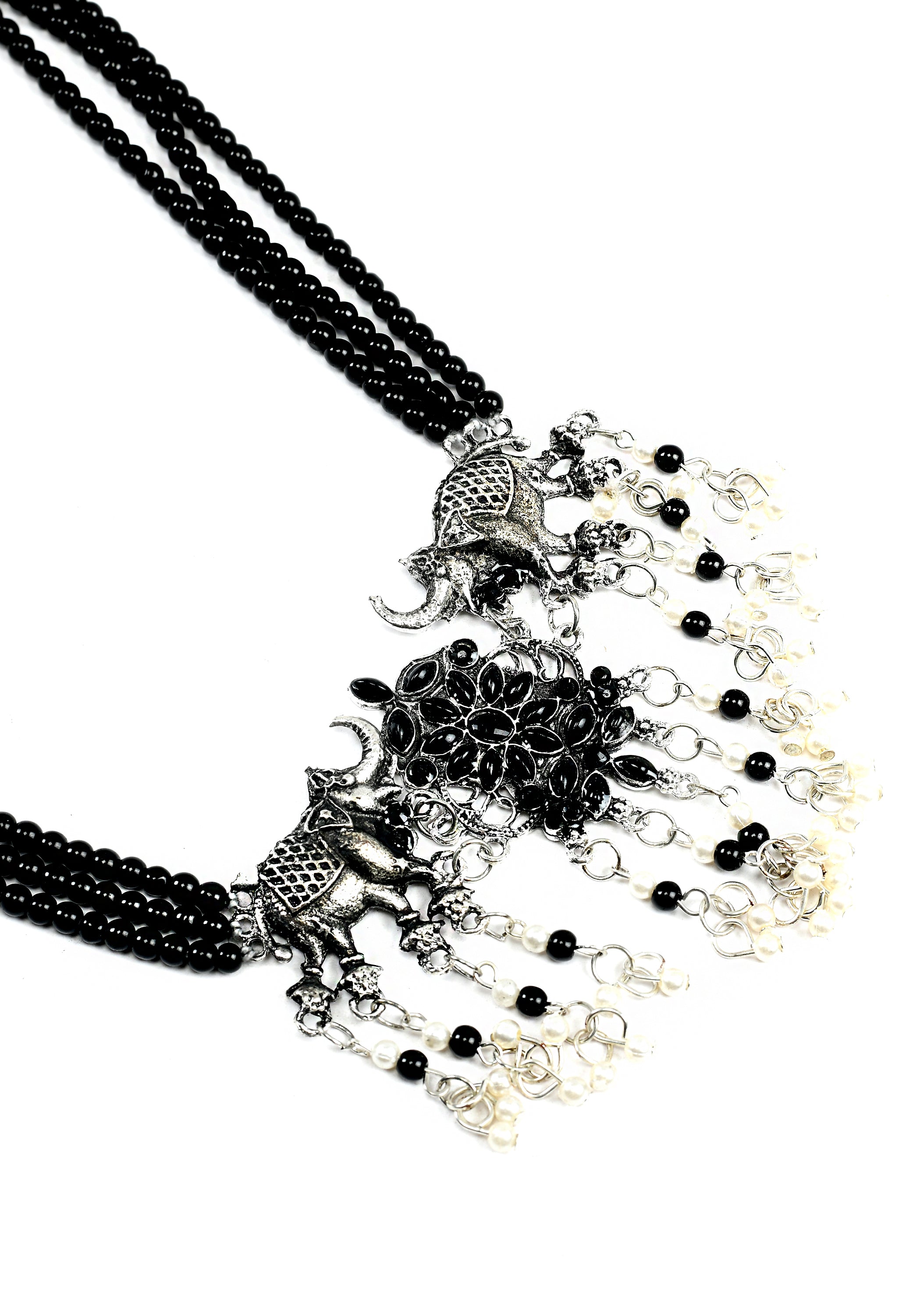 Women's Black Colour Oxidised Necklacewith Pearl And Kundan With Elephant Design - Tehzeeb