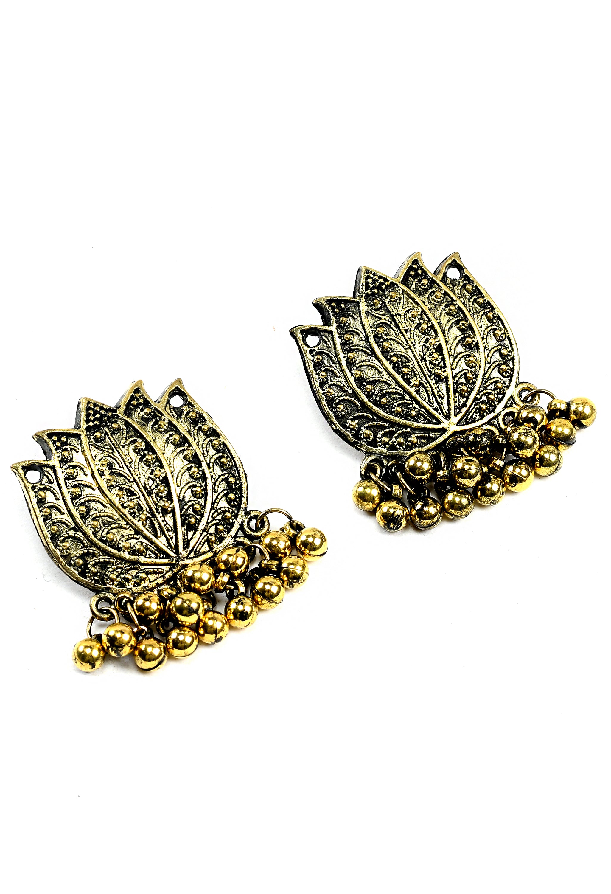 Women's Oxidised Golden Colour Necklaceand Earrings With Lotus Design - Tehzeeb