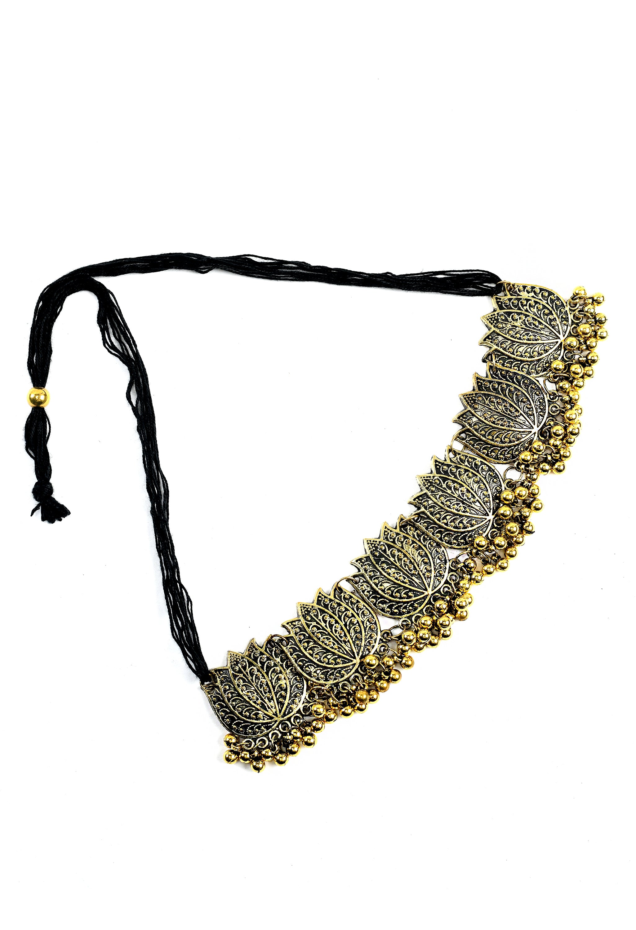 Women's Oxidised Golden Colour Necklaceand Earrings With Lotus Design - Tehzeeb