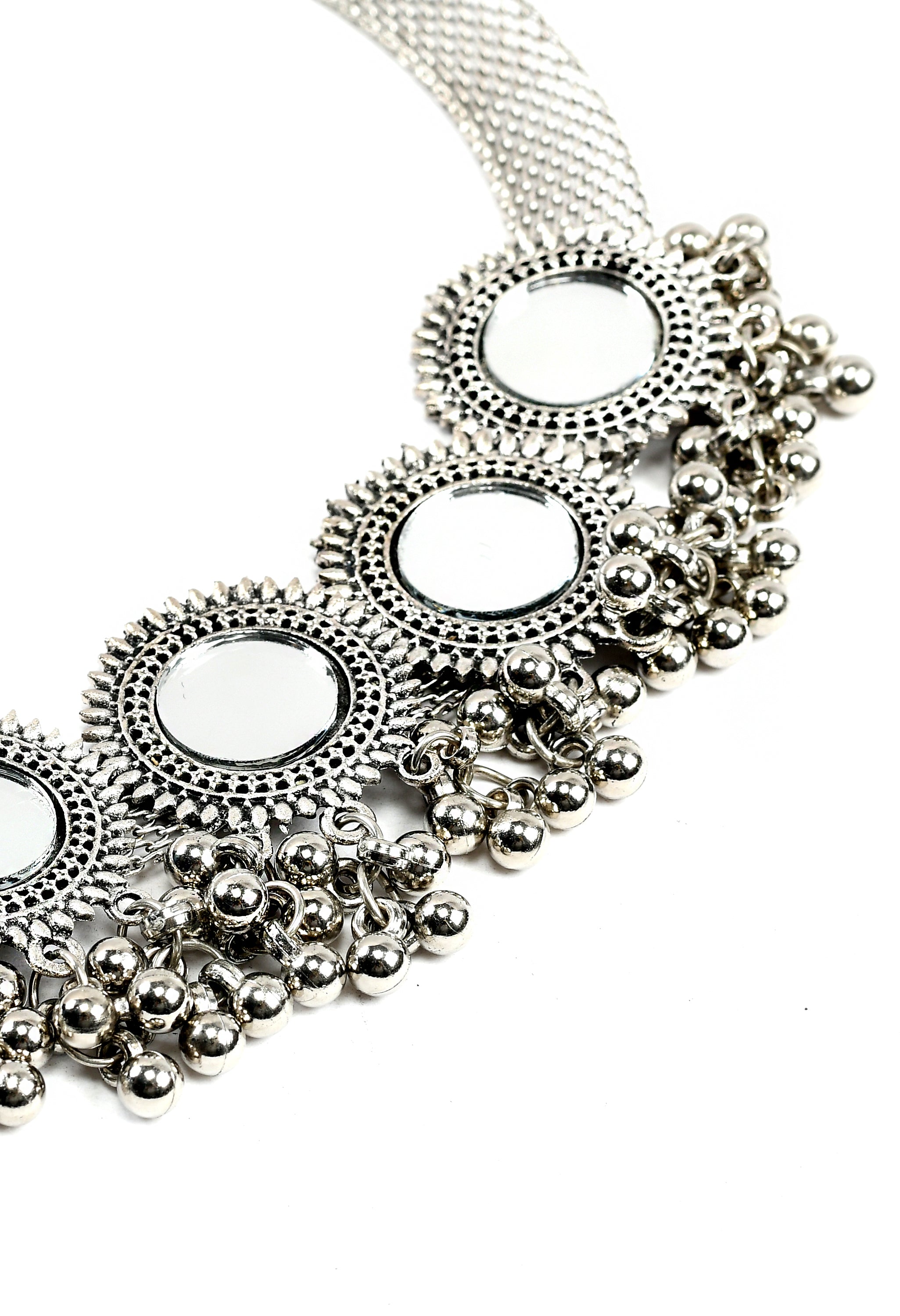 Women's Oxidised Necklaceand Earrings With Mirror And Ghunghru Design - Tehzeeb