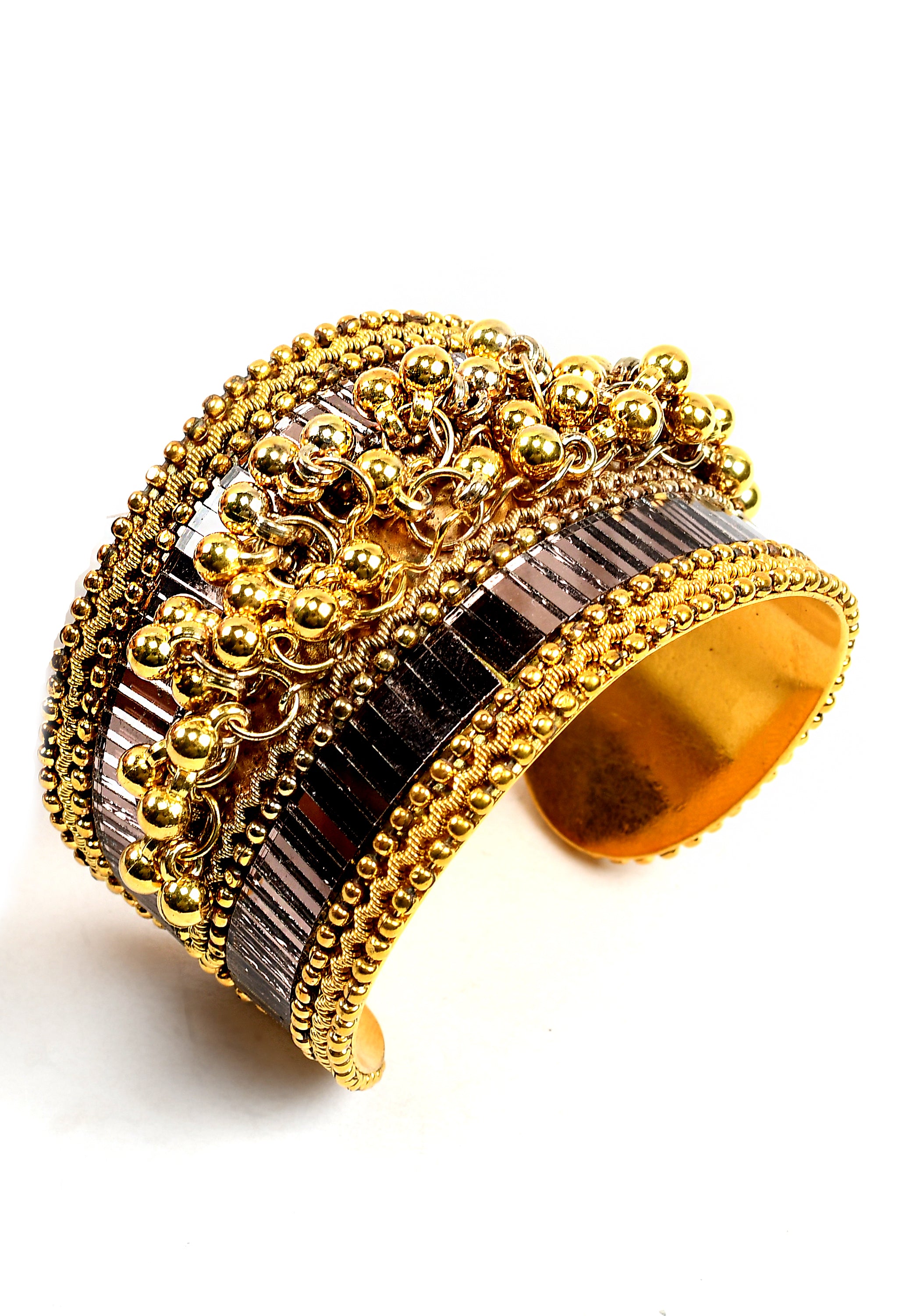 Women's Golden Colour Bracelet With Ghunghru And Mirror Work - Tehzeeb