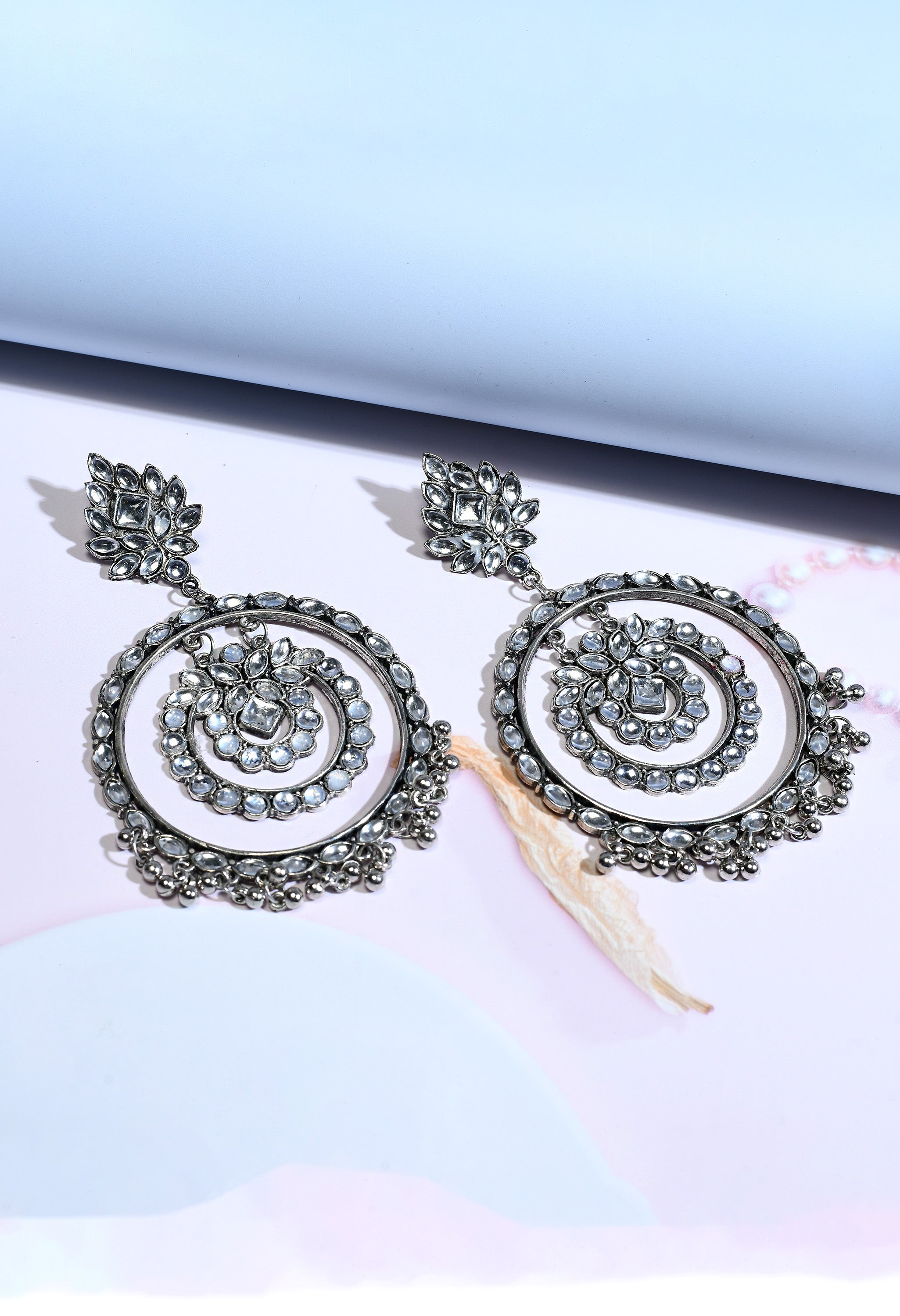 Women's Silver Colour Earrings With Kundan And Three Circle Design - Tehzeeb