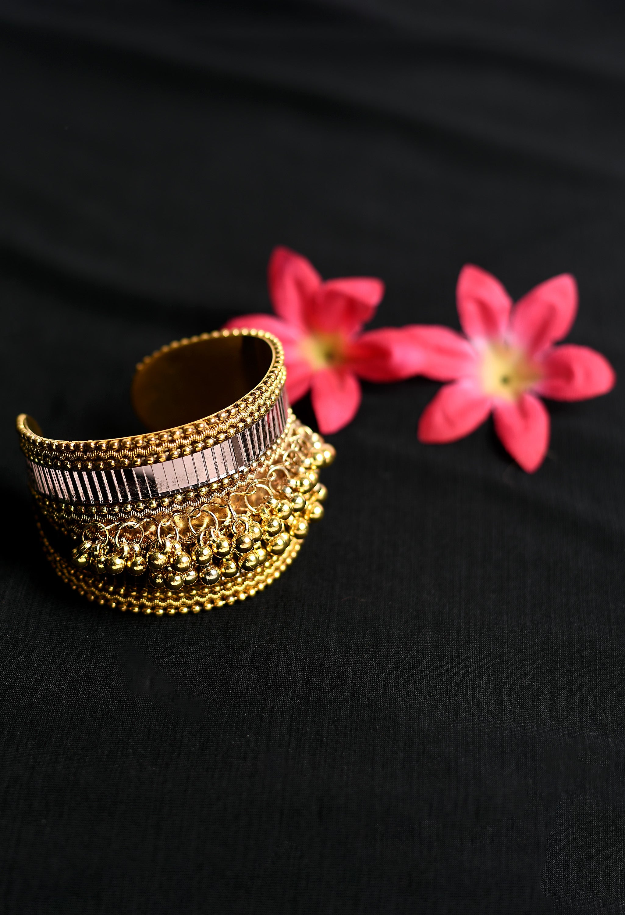 Women's Golden Colour Bracelet With Ghunghru And Mirror Work - Tehzeeb